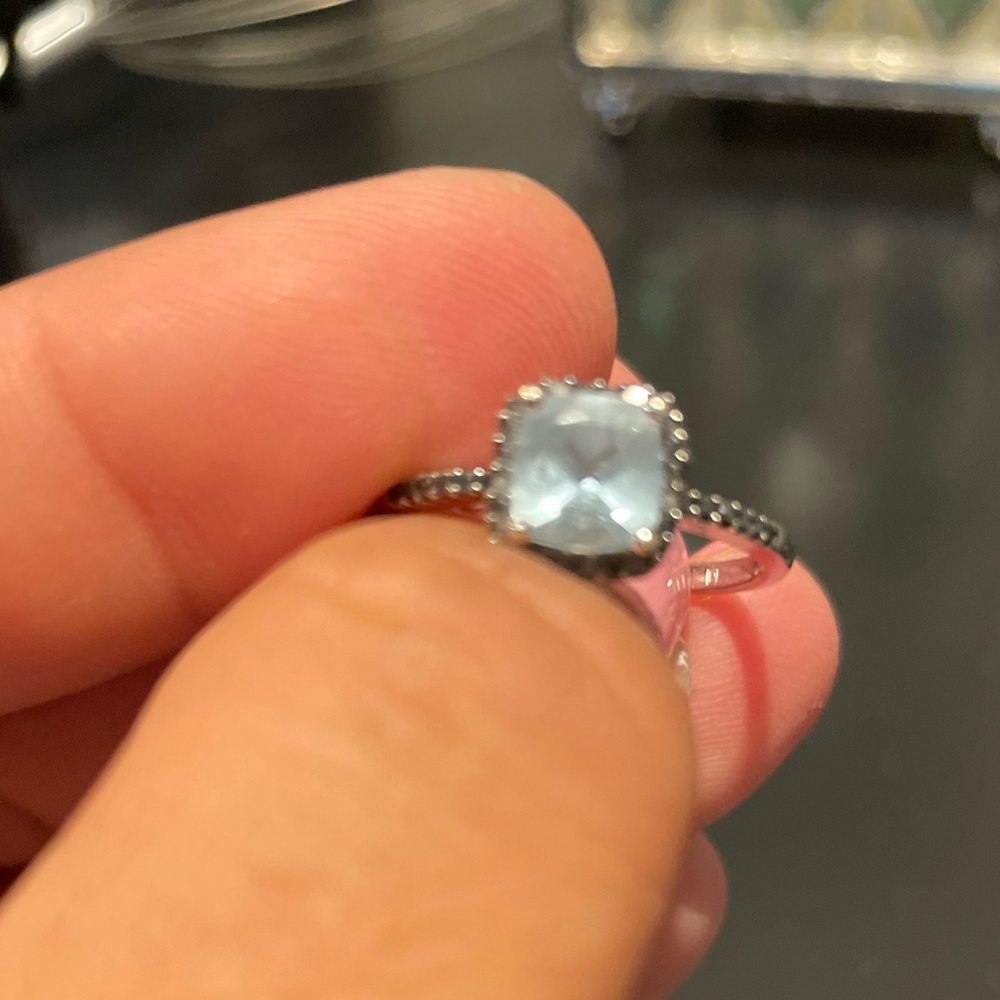Aquamarine, black diamond chips, 10k white gold ring size 7